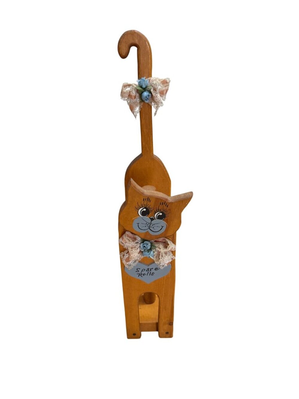 Vintage Cat-Shaped Wooden Spare Toilet Paper Roll Holder With Floral Bow Accents